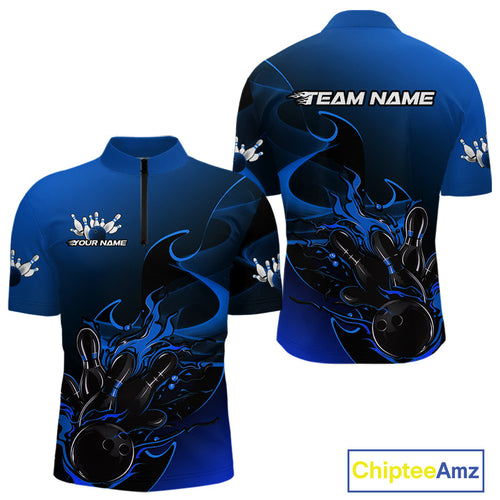 Custom Black And Blue Flame Bowling Team Men Quarter-Zip Shirt, Bowling Tournament Shirt IPHW9871