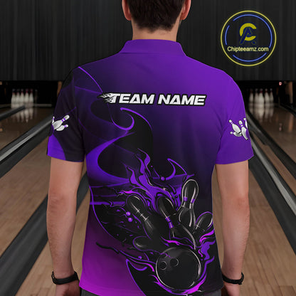 Custom Black And Purple Flame Bowling Team Men Polo Shirt, Bowling Tournament Shirt IPHW9869
