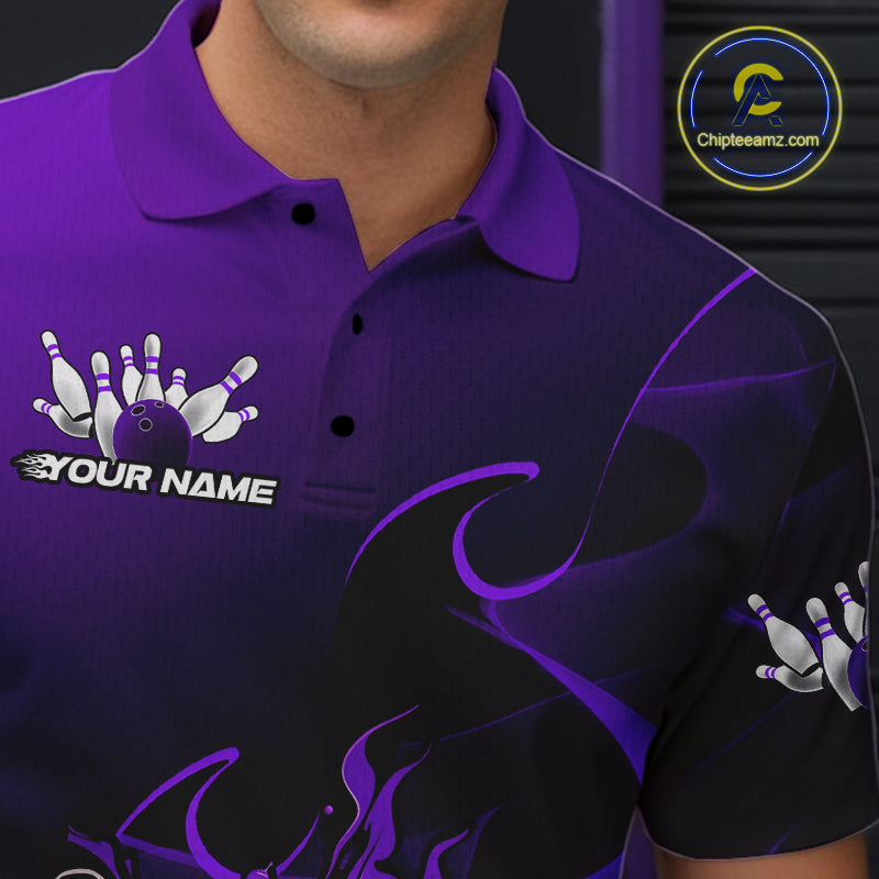 Custom Black And Purple Flame Bowling Team Men Polo Shirt, Bowling Tournament Shirt IPHW9869