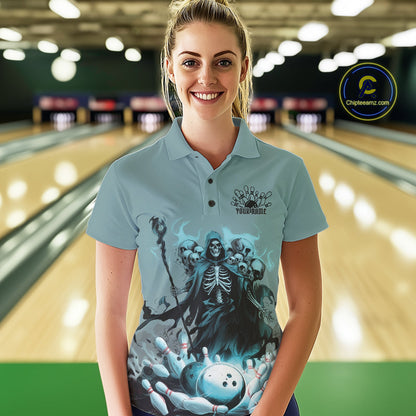 Custom Blue Flame Grim Reaper Bowling Women Polo Shirts, Piles Of Skull Halloween Outfit IPHW9897