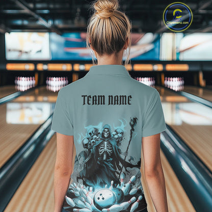 Custom Blue Flame Grim Reaper Bowling Women Polo Shirts, Piles Of Skull Halloween Outfit IPHW9897