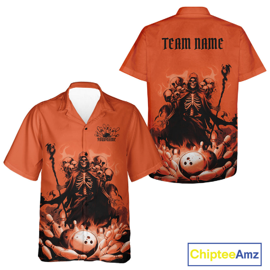 Custom Orange Flame Grim Reaper Bowling Men And Women Hawaiian Shirts, Piles Of Skull Halloween Outfit IPHW9898