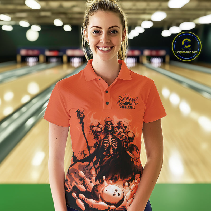 Custom Orange Flame Grim Reaper Bowling Women Polo Shirt, Piles Of Skull Halloween Outfit IPHW9898
