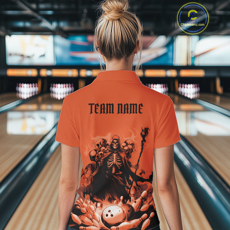 Custom Orange Flame Grim Reaper Bowling Women Polo Shirt, Piles Of Skull Halloween Outfit IPHW9898