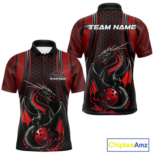 Custom Black And Red Flame Dragon Bowling Jerseys, Dragon Bowling Team Men Polo Shirt IPHW9905