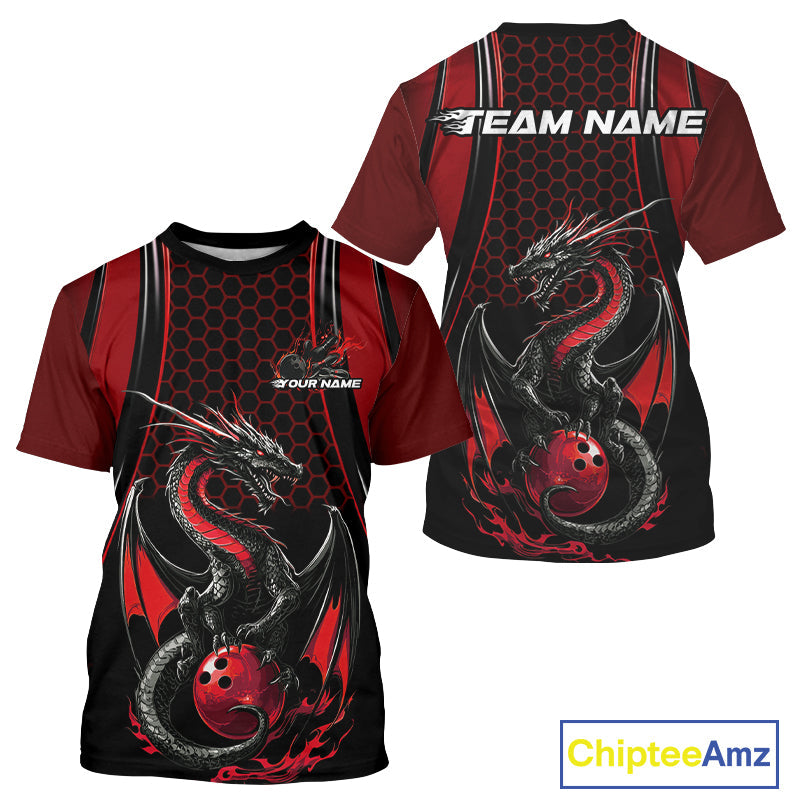 Custom Black And Red Flame Dragon Bowling Jerseys, Dragon Bowling Team Men T-Shirts IPHW9905