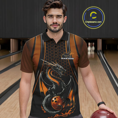 Custom Black And Orange Flame Dragon Bowling Jerseys, Dragon Bowling Team Men Polo Shirt IPHW9906