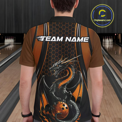 Custom Black And Orange Flame Dragon Bowling Jerseys, Dragon Bowling Team Men Polo Shirt IPHW9906