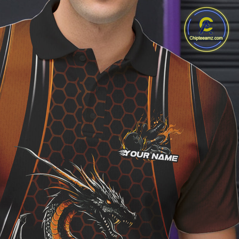 Custom Black And Orange Flame Dragon Bowling Jerseys, Dragon Bowling Team Men Polo Shirt IPHW9906