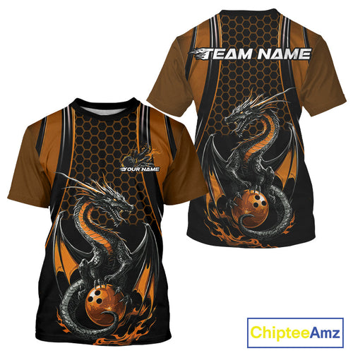Custom Black And Orange Flame Dragon Bowling Jerseys, Dragon Bowling Team Men T-Shirts IPHW9906