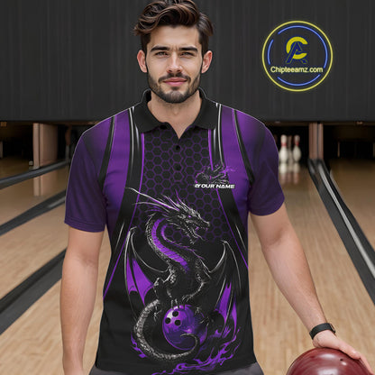 Custom Black And Purple Flame Dragon Bowling Jerseys, Dragon Bowling Team Men Polo Shirt IPHW9907