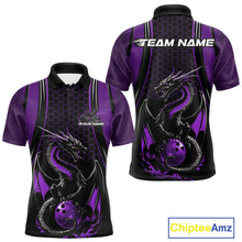 Load image into Gallery viewer, Custom Black And Purple Flame Dragon Bowling Jerseys, Dragon Bowling Team Men Polo Shirt IPHW9907
