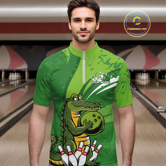 Custom Funny Alligator Bowling Tournament Team Jerseys, Alligator Bowling Men Quarter-Zip Shirt IPHW9925