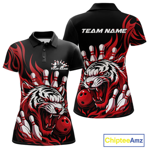 Custom Black And Red Tiger Women Bowling Jerseys, Tiger Bowling Team League Shirt IPHW10160