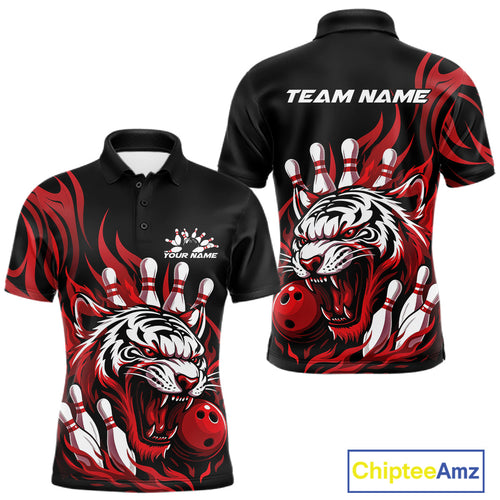 Custom Black And Red Tiger Men Bowling Jerseys, Tiger Bowling Team League Shirt IPHW10160