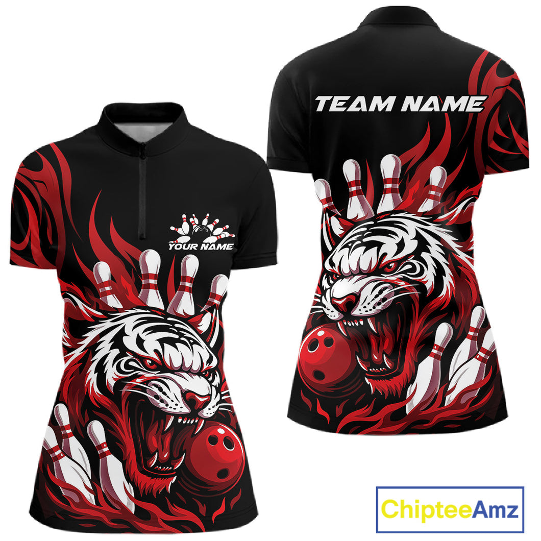 Custom Black And Red Tiger Women Bowling Jerseys, Tiger Bowling Team League Shirt IPHW10160