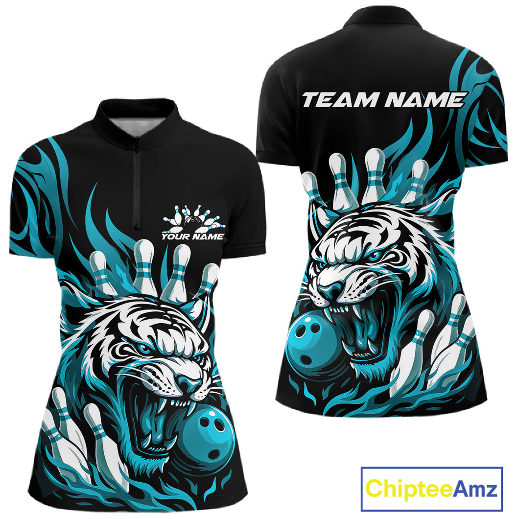 Custom Black And Blue Tiger Women Bowling Jerseys, Tiger Bowling Team League Shirt IPHW10161