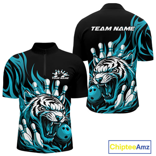 Custom Black And Blue Tiger Men Bowling Jerseys, Tiger Bowling Team League Shirt IPHW10161