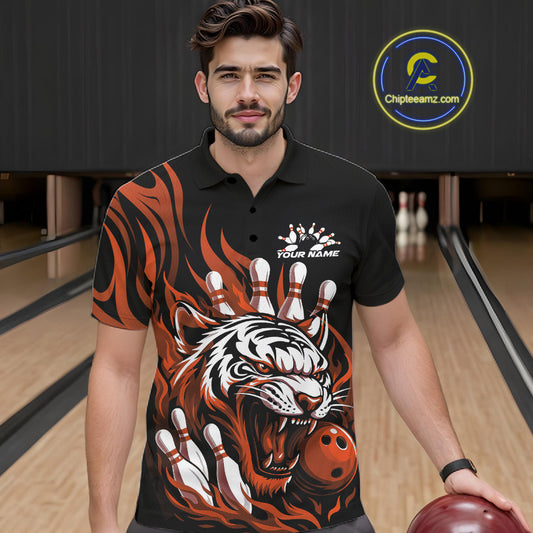 Custom Black And Orange Tiger Men Bowling Jerseys, Tiger Bowling Team League Shirt IPHW10162
