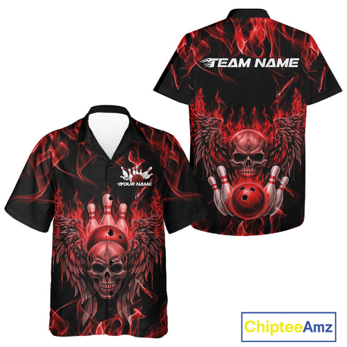 Custom Black And Red Flame Skull With Wings Men And Women Bowling Shirt, Halloween Team Shirt IPHW10165