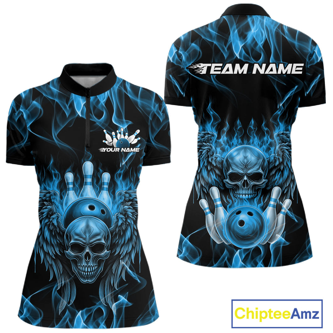 Custom Black And Blue Flame Skull With Wings Women Bowling Shirt, Halloween Team Shirt IPHW10166