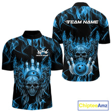 Load image into Gallery viewer, Custom Black And Blue Flame Skull With Wings Men Bowling Shirt, Halloween Team Shirt IPHW10166