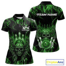 Load image into Gallery viewer, Custom Black And Green Flame Skull With Wings Women Bowling Shirt, Halloween Team Shirt IPHW10167