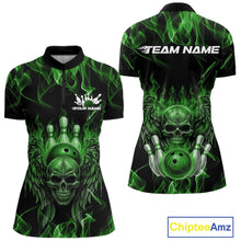 Load image into Gallery viewer, Custom Black And Green Flame Skull With Wings Women Bowling Shirt, Halloween Team Shirt IPHW10167