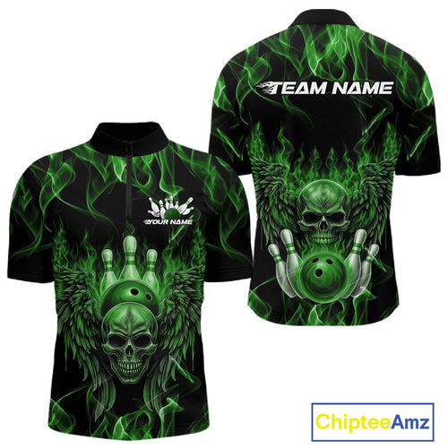 Custom Black And Green Flame Skull With Wings Men Bowling Shirt, Halloween Team Shirt IPHW10167