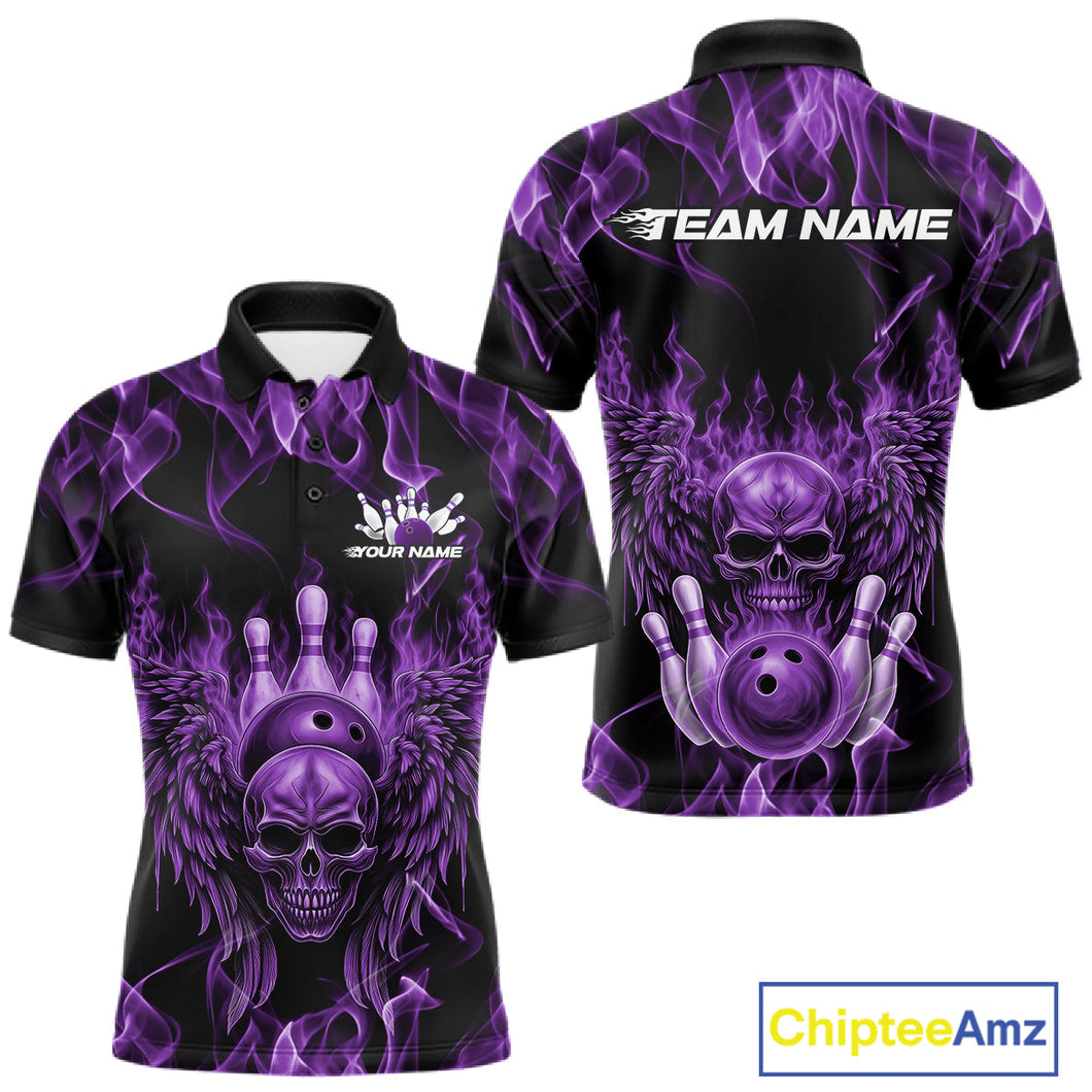 Custom Black And Purple Flame Skull With Wings Men Bowling Shirt, Halloween Team Shirt IPHW10168