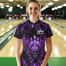 Load image into Gallery viewer, Custom Black And Purple Flame Skull With Wings Women Bowling Shirt, Halloween Team Shirt IPHW10168