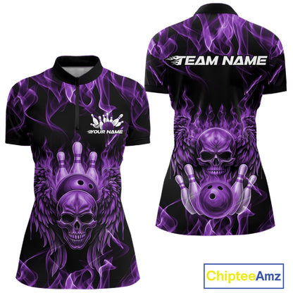 Custom Black And Purple Flame Skull With Wings Women Bowling Shirt, Halloween Team Shirt IPHW10168