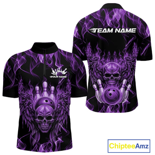 Custom Black And Purple  Flame Skull With Wings Men Bowling Shirt, Halloween Team Shirt IPHW10168