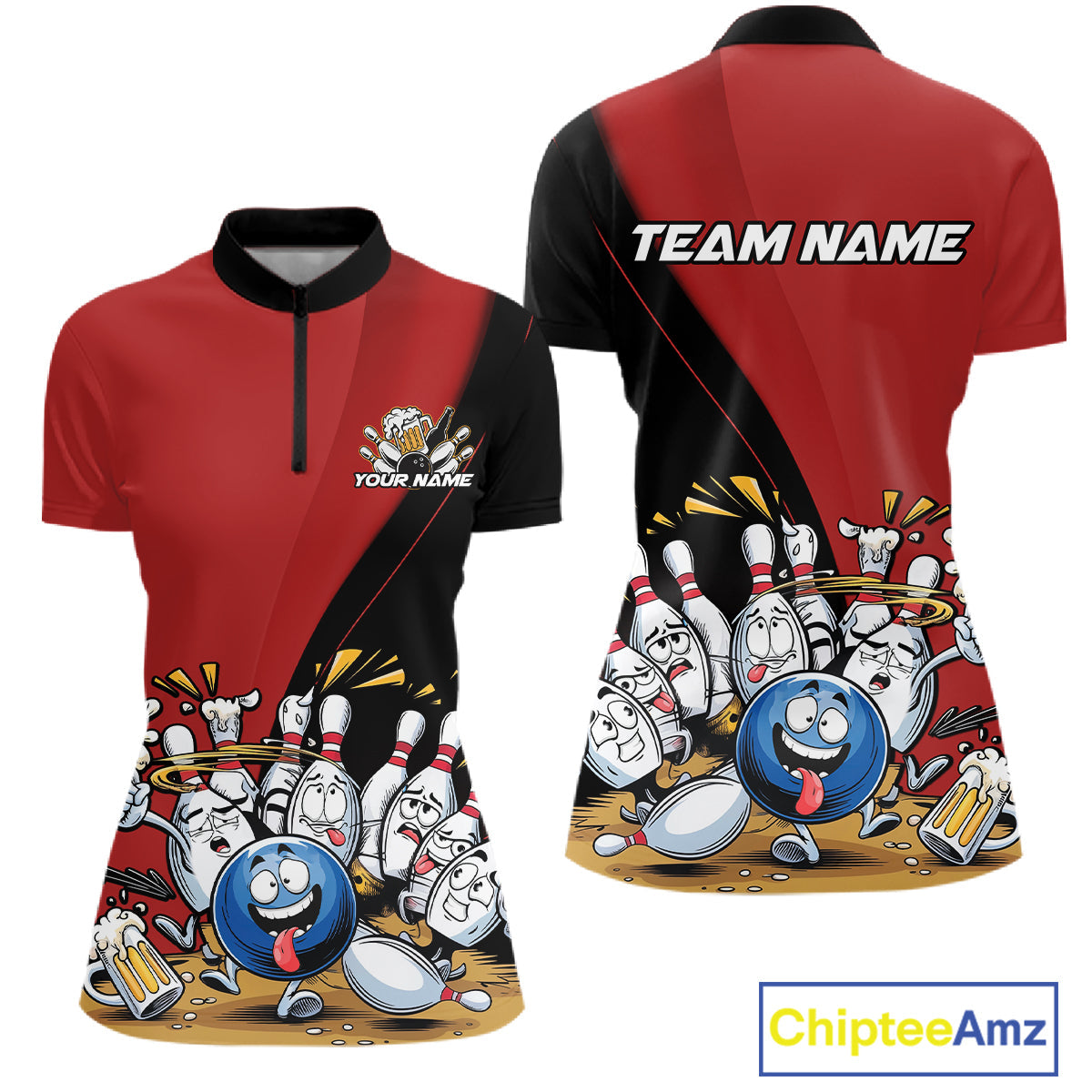 Custom Red Funny Bowling Women Quarter-Zip Shirts, Bowling And Beer Party Bowlers Outfit IPHW10816