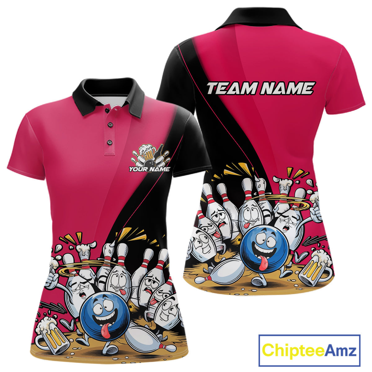 Custom Pink Funny Bowling Women Polo Shirts, Bowling And Beer Party Bowlers Outfit IPHW10817