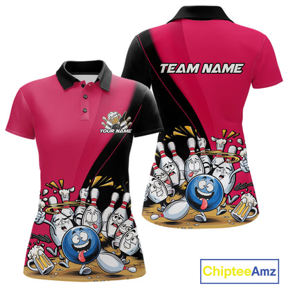 Custom Pink Funny Bowling Women Polo Shirts, Bowling And Beer Party Bowlers Outfit IPHW10817