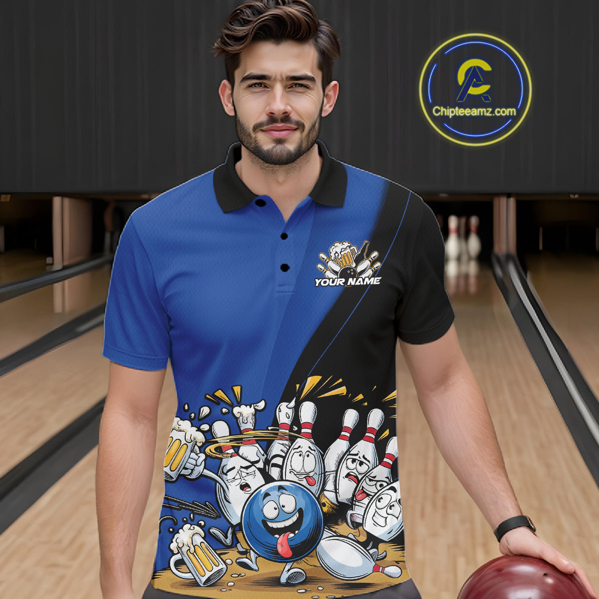 Custom Blue Funny Bowling Men Polo Shirts, Bowling And Beer Party Bowlers Outfit IPHW10818
