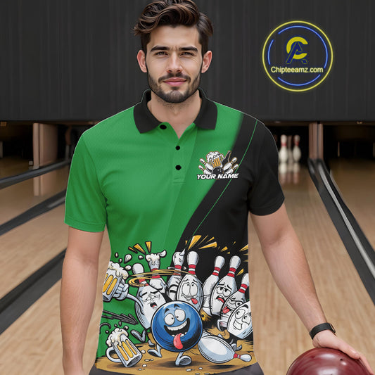 Custom Green Funny Bowling Men Polo Shirts, Bowling And Beer Party Bowlers Outfit IPHW10819