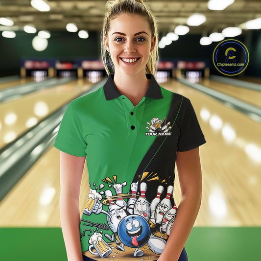 Custom Green Funny Bowling Women Polo Shirts, Bowling And Beer Party Bowlers Outfit IPHW10819