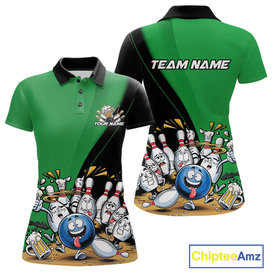 Custom Green Funny Bowling Women Polo Shirts, Bowling And Beer Party Bowlers Outfit IPHW10819