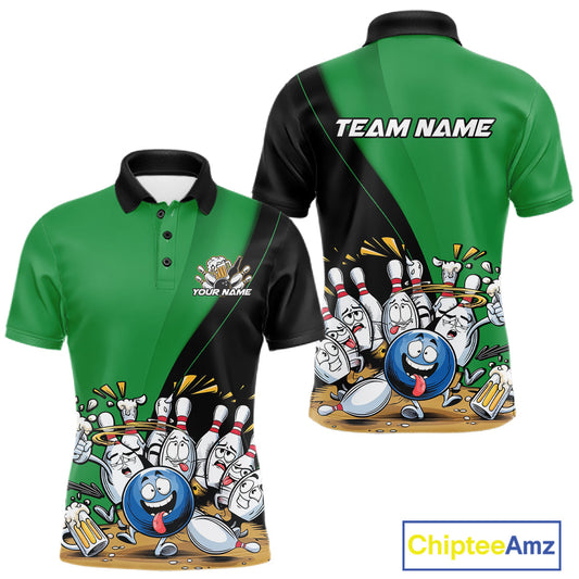 Custom Green Funny Bowling Men Polo Shirts, Bowling And Beer Party Bowlers Outfit IPHW10819