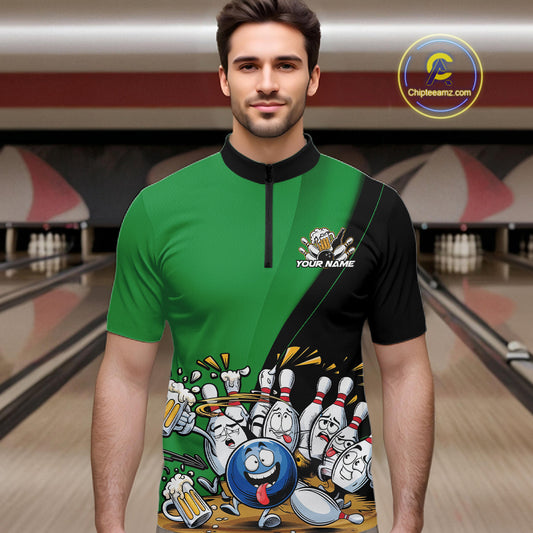 Custom Green Funny Bowling Men Quarter-Zip Shirts, Bowling And Beer Party Bowlers Outfit IPHW10819