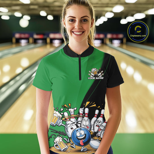 Custom Green Funny Bowling Women Shirts, Bowling And Beer Party Bowlers Outfit IPHW10819