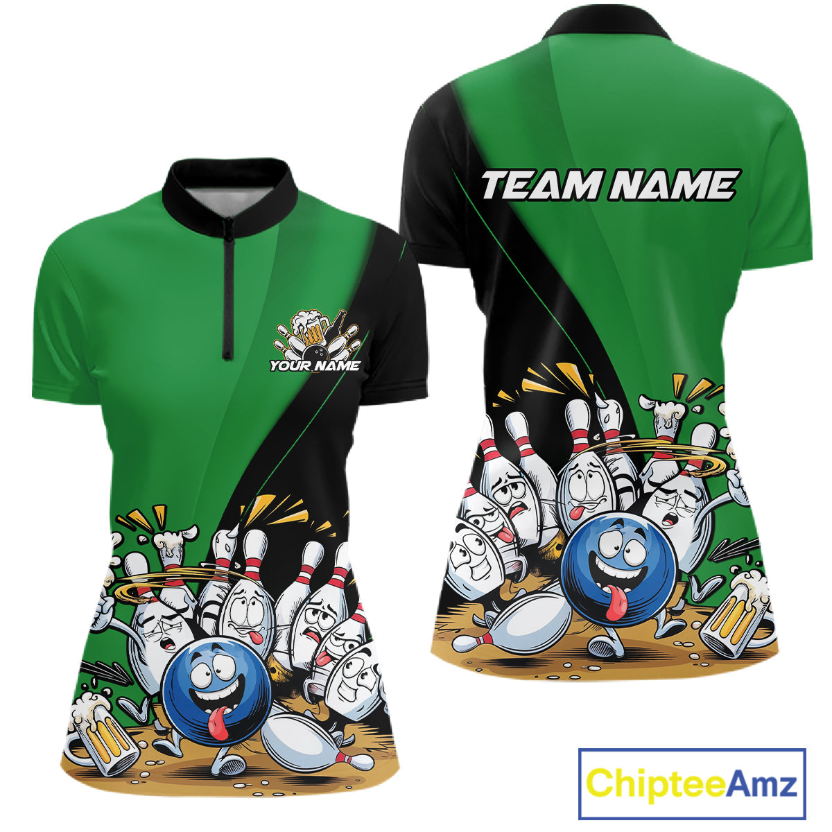 Custom Green Funny Bowling Women Shirts, Bowling And Beer Party Bowlers Outfit IPHW10819