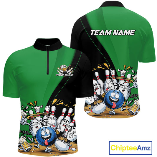 Custom Green Funny Bowling Men Quarter-Zip Shirts, Bowling And Beer Party Bowlers Outfit IPHW10819