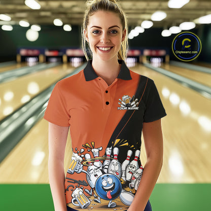 Custom Orange Funny Bowling Women Polo Shirts, Bowling And Beer Party Bowlers Outfit IPHW10820