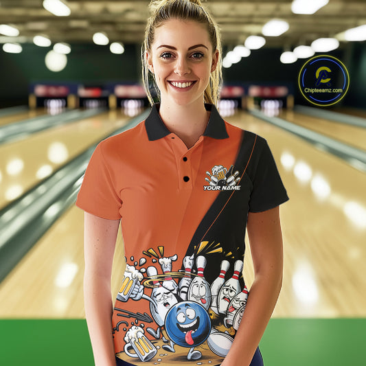 Custom Orange Funny Bowling Women Polo Shirts, Bowling And Beer Party Bowlers Outfit IPHW10820
