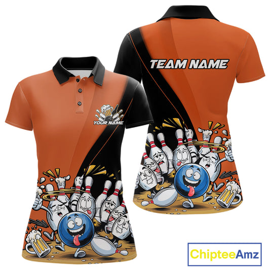 Custom Orange Funny Bowling Women Polo Shirts, Bowling And Beer Party Bowlers Outfit IPHW10820