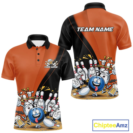Custom Orange Funny Bowling Men Polo Shirts, Bowling And Beer Party Bowlers Outfit IPHW10820