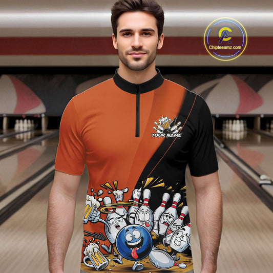 Custom Orange Funny Bowling Men Quarter-Zip Shirts, Bowling And Beer Party Bowlers Outfit IPHW10820